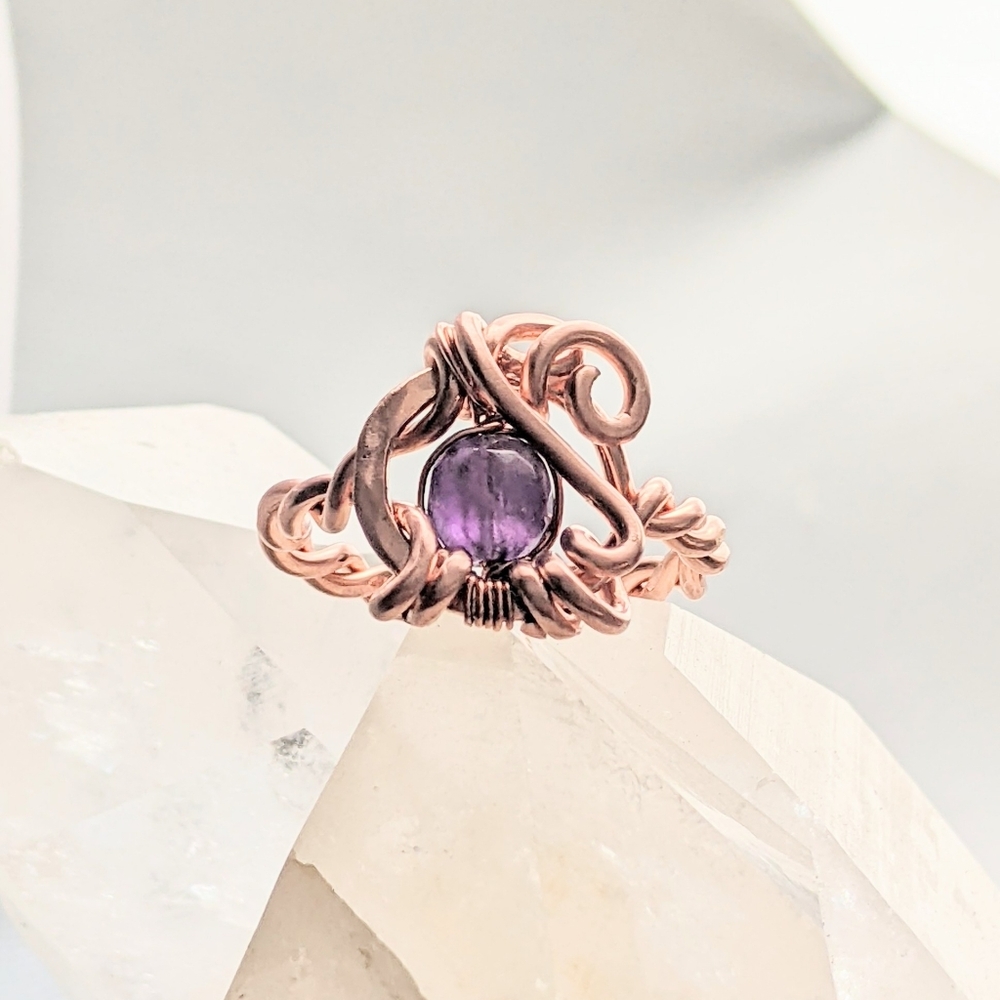 Baroque Amethyst Ring-Twisted Copper-Unique Artisan Crafted-Designer Jewelry